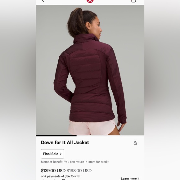 Lululemon down for it all jacket, lightly used - Picture 3 of 4